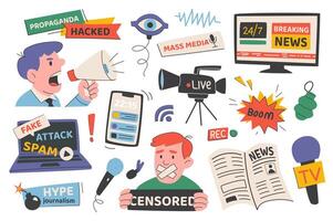 Breaking news set in flat graphic design. Collection isolated elements of message badges, propaganda, mass media, online website, fake news, spam attack, hype journalism, other. illustration. vector