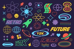 Retro y2k futuristic elements set in flat graphic design. Collection isolated 2000s symbols of colourful groovy stars, lightnings, atoms, cosmic rocket, planets, other shapes. illustration. vector