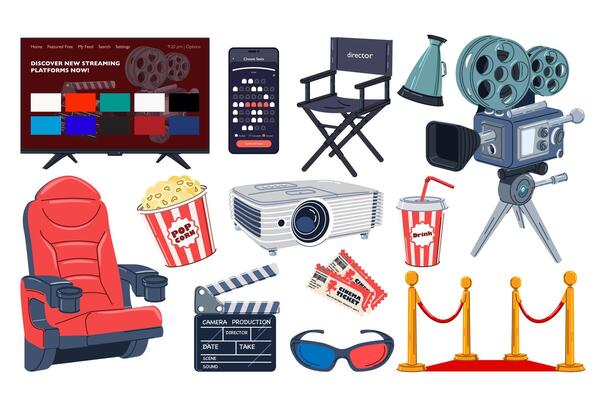 Movie set in flat graphic design. Collection isolated elements of streaming service, online booking tickets, seats, director chair, camera, cinema armchair, popcorn, other. illustration.
