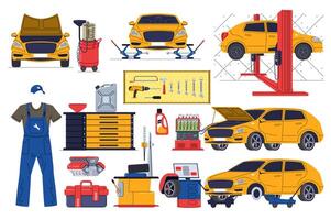 Auto service set in flat graphic design. Collection isolated elements of car diagnostics, mechanic clothes, open hood, jacks, lifter, oil, tools, canister, wheel alignment, other. illustration. vector