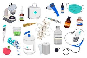 Medical tools set in flat graphic design. Collection isolated elements of microscope, nasal, drops, first aid kit, thermometer, vitamins, mask, test cup, ampoule, syringe, other. illustration. vector