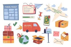 Worldwide delivery set in flat graphic design. Collection isolated elements of parcel pickup, tracking information in app, international airplane shipping, letter, mailbox, other. illustration. vector