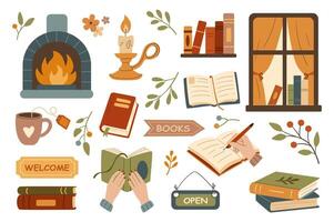 Cozy bookshop set in flat graphic design. Collection isolated elements of books, fireplace, candle, bookshelf, window, tea cup, welcome and open banners, reading, flowers, other. illustration. vector