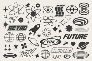 Retro futuristic elements y2k style set in flat graphic design. Collection isolated symbols of black groovy stars, lightnings, atoms, cosmic rocket, planets, other figure shapes. illustration. vector