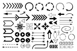 Arrows set in flat graphic design. Collection isolated elements of different black cursors, circular, turning, forward, back, repeat, right, left, crossing, down, other pointers. illustration. vector