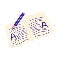 School paper notebook in flat design. Pen writing homework at open pages. illustration isolated. vector