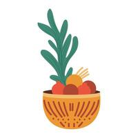 Traditional Morocco bowl with fruit in flat design. Oranges, pomegranate in pot. illustration isolated. vector