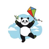 Panda flying a kite logo design vector