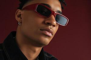 A portrait of a young man wearing bold red rectangular sunglasses against a rich burgundy background. photo