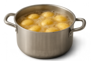 Potatoes boiling in a metal pot with transparent background png