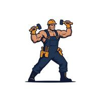 Man in overalls holding hammers logo design vector