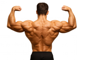 Bodybuilder flexing muscles showing back on transparent background png