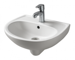 A Modern white ceramic washbasin with chrome faucet on transparent background png