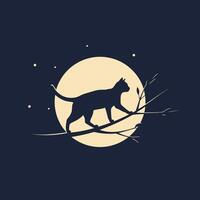 Cat on a branch at night logo design vector