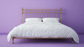 Elegant Vintage Brass Bed Frame Showcasing a Soft White Bedding Ideal for Cozy Bedrooms and Interior Design Inspiration photo