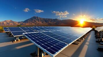 A wide solar power station shines under a bright sunrise with desert mountains in the background and reflective blue panels photo