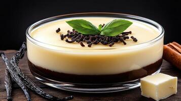 Glass dessert bowl topped with vanilla cream and mint, surrounded by butter cubes and vanilla beans for a fresh and elegant look photo