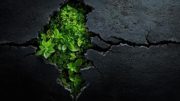 Lush green plants emerge through cracks in dark asphalt, symbolizing resilience, life, and nature's ability to thrive in harsh environments photo