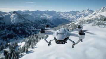 A sleek quadcopter drone hovers above snowy alpine mountains, blending cutting-edge technology with the vast winter wilderness backdrop photo