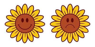 Cute Sunflower happy and Sad both characters element cute chamomile happy smiling with sad faces isolated vector