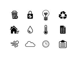 Solid icon set with recycling, sustainability, solar, resources, ecology symbols. Web design icons vector