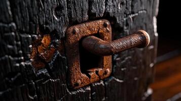 Old rusty metal handle embedded in burned dark wood, emphasizing texture, contrast, and aged industrial materials photo
