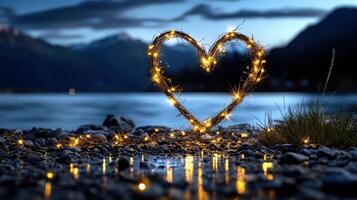 A glowing heart-shaped light sculpture on a lakeside shore sparkles during twilight with reflections on the still water photo