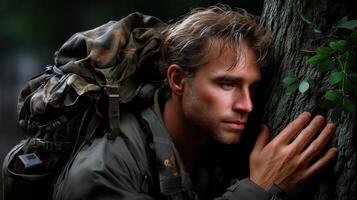 A rugged man in camouflage gear touches tree bark deeply immersed in forest surroundings, showing connection with wilderness and silence photo