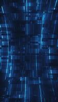 tecnologia fundo com piscando azul néon digital dados luzes e falha efeito. dados visualização ou rede segurança conceito. lustroso alta tecnologia vertical futurista animação. video