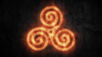Fiery Celtic triskelion triple spiral symbol flaming on a dark stone background. Mystical elemental energy concept. video