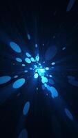 partícula fundo com azul esfera partículas, estrelas e luz feixes fluindo para a Câmera. cheio hd e looping abstrato espaço vertical fundo animação. video