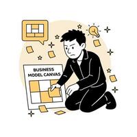 illustration of a man planning a business model canvas with sticky notes and strategy icons. for tech startup planning, innovation, and entrepreneurial frameworks. vector