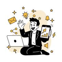illustration of a cheerful businessman making a call using a laptop and mobile device, representing online communication, remote work, and digital connection. vector