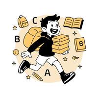 A happy cartoon boy running with a large backpack and carrying books, surrounded by school supplies and educational icons, in a modern flat illustrations vector