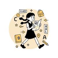 A smiling cartoon girl walking while holding a school map, finding her new classroom, surrounded by educational icons, in a modern flat illustrations vector