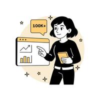 illustration of a woman analyzing user growth metrics on a dashboard interface. for tech startup data tracking, analytics, and performance monitoring visuals. vector