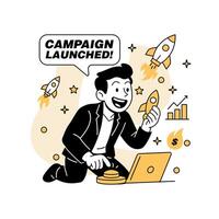 illustration of a businessman launching a rocket-shaped ad campaign with a laptop and button, symbolizing startup marketing, digital growth, and campaign activation vector