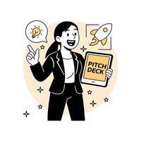 illustration of a confident woman presenting a startup pitch deck with rocket and idea icons. for tech startup fundraising, business pitching, and entrepreneurship themes. vector