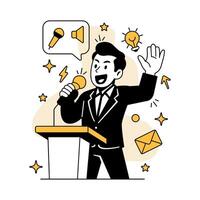 illustration of a businessman speaking confidently at a conference podium with a microphone, representing public speaking, leadership, and business communication. vector
