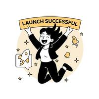a joyful woman jumping with a Launch Successful banner, celebrating a tech startup product release. for innovation, app launch, or SaaS success themes vector