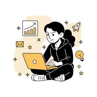 illustration of a focused woman typing on a laptop, surrounded by business marketing icons like charts, rocket, email, and lightbulb. Perfect for digital campaigns and productivity themes vector