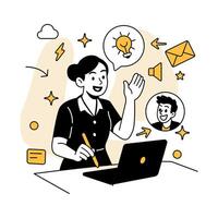 illustration of a businesswoman hosting a virtual team meeting via laptop, representing online communication, collaboration, and remote work in a modern professional setting. vector