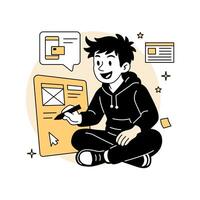 a young man designing a web page mockup with UI elements and icons, pfor tech startup, UX, and app development concepts. vector