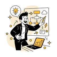 illustration of a businessman presenting ideas using a whiteboard and flowchart, symbolizing planning, teamwork, and communication vector
