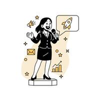 illustration of a woman excitedly presenting a viral marketing report on a smartphone, showing trending analytics and campaign success. Ideal for web, social media, and branding. vector