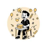 A smiling cartoon boy sitting at a classroom desk, preparing to answer a question, surrounded by school and learning icons vector