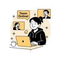 illustration of a woman leading a remote startup team via online meetings, symbolizing virtual collaboration, digital teamwork, and remote tech startup management. vector