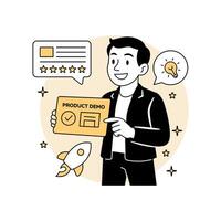 illustration of a smiling man presenting a product demo with icons of reviews, ideas, and a rocket. for tech startup launches, SaaS demos, and app previews. vector