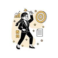 illustration of a businesswoman aiming an arrow at a target board, symbolizing goal setting, strategy, and marketing focus. Perfect for business plans and digital campaign visuals. vector
