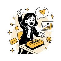 illustration of a businesswoman enthusiastically sending an email blast, symbolizing digital marketing, communication, and successful online campaigns in a modern business setting. vector